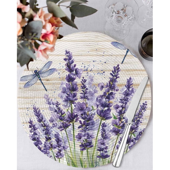 13 Inch Round Placemats Set of 4, Purple Lavender Non Slip Heat Insulation PP Table Mats, Summer Watercolor Dragonfly Wooden Grain Washable Place Mats for Kitchen Dining Party Table Decor