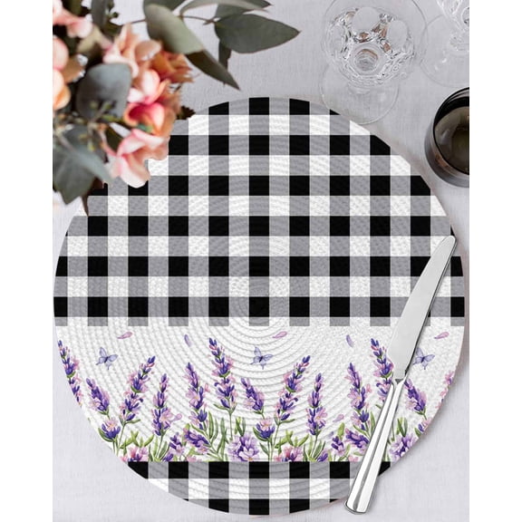 13 Inch Round Placemats Set of 4, Purple Lavenders Non Slip Heat Insulation PP Table Mats, Spring Floral Black Plaid Farmhouse Washable Place Mats for Kitchen Dining Party Table Decor