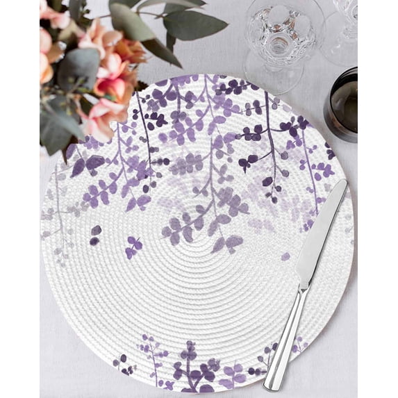 13 Inch Round Placemats Set of 4, Purple Leaves Non Slip Heat Insulation PP Table Mats, Summer Botanical Washable Place Mats for Kitchen Dining Party Table Decor