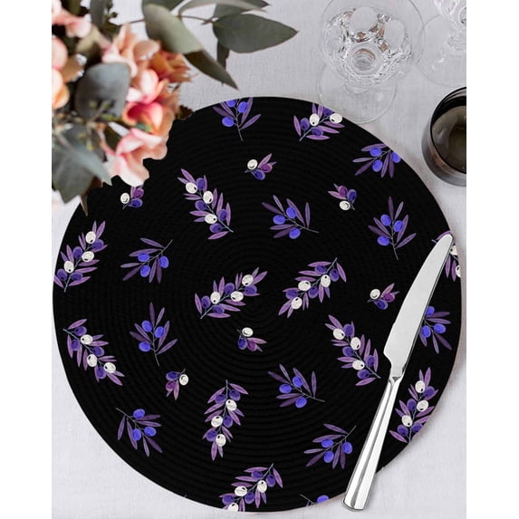 13 Inch Round Placemats Set of 4, Purple Olive Fruits Non Slip Heat Insulation PP Table Mats, Spring Farm Branches Leaves Plants Black Washable Place Mats for Kitchen Dining Party Table Decor