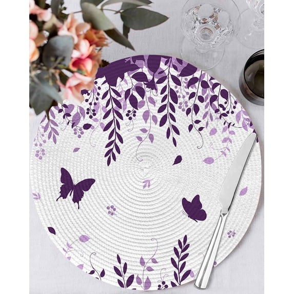 13 Inch Round Placemats Set of 4, Purple Spring Botanical Non Slip Heat Insulation PP Table Mats, Weeping Eucalyptus Butterfly Washable Place Mats for Kitchen Dining Party Table Decor