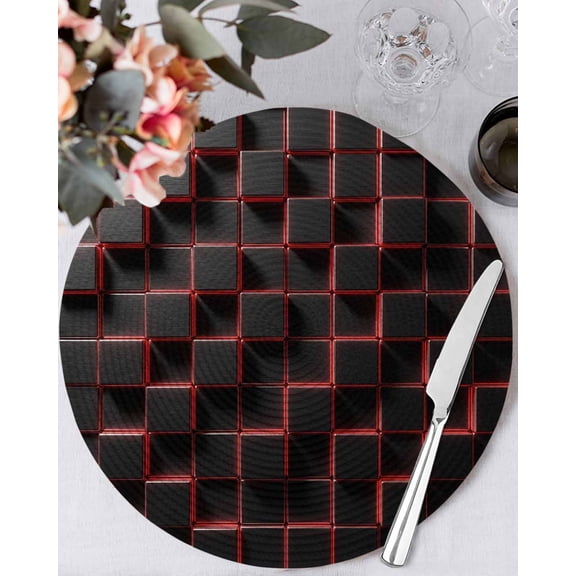 13 Inch Round Placemats Set of 4, Red Black Cubes Non Slip Heat Insulation PP Table Mats, Modern Geometric Abstract Art Washable Place Mats for Kitchen Dining Party Table Decor