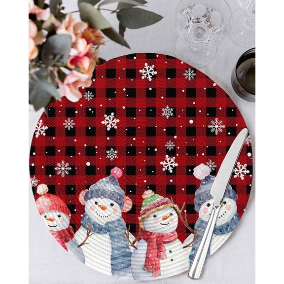 13 Inch Round Placemats Set of 4, Red Black Plaid Christmas Non Slip Heat Insulation PP Table Mats, Xmas Snowman Snowflake Winter Washable Place Mats for Kitchen Dining Party Table Decor