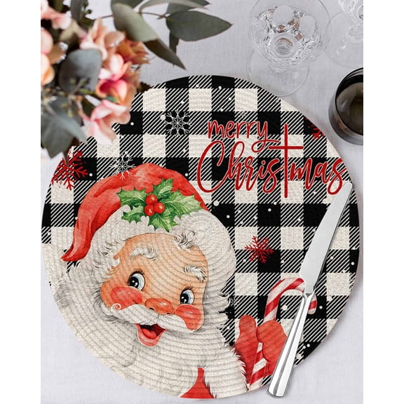 13 Inch Round Placemats Set of 4, Red Black Santa Christmas Non Slip Heat Insulation PP Table Mats, Plaid Xmas Snowflake Winter Farmhouse Washable Place Mats for Kitchen Dining Party Table Decor