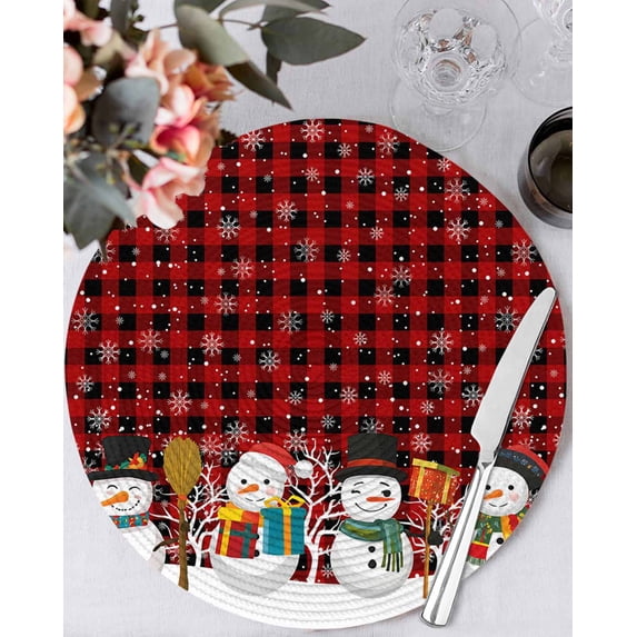 13 Inch Round Placemats Set of 4, Red Buffalo Plaid Snowman Non Slip Heat Insulation PP Table Mats, Christmas Winter Snowflake Xmas Washable Place Mats for Kitchen Dining Party Table Decor