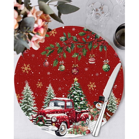 13 Inch Round Placemats Set of 4, Red Christmas Non Slip Heat Insulation PP Table Mats, Snowman Truck Xmas Tree Ball Snowflake Winter Washable Place Mats for Kitchen Dining Party Table Decor