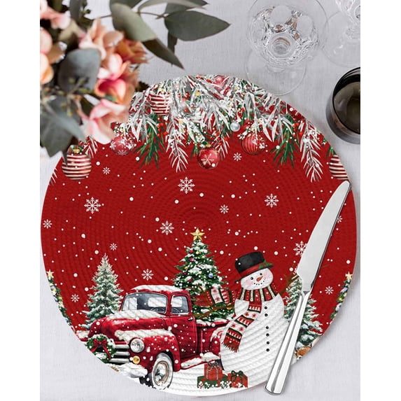 13 Inch Round Placemats Set of 4, Red Christmas Non Slip Heat Insulation PP Table Mats, Snowman Xmas Truck Balls Tree Washable Place Mats for Kitchen Dining Party Table Decor