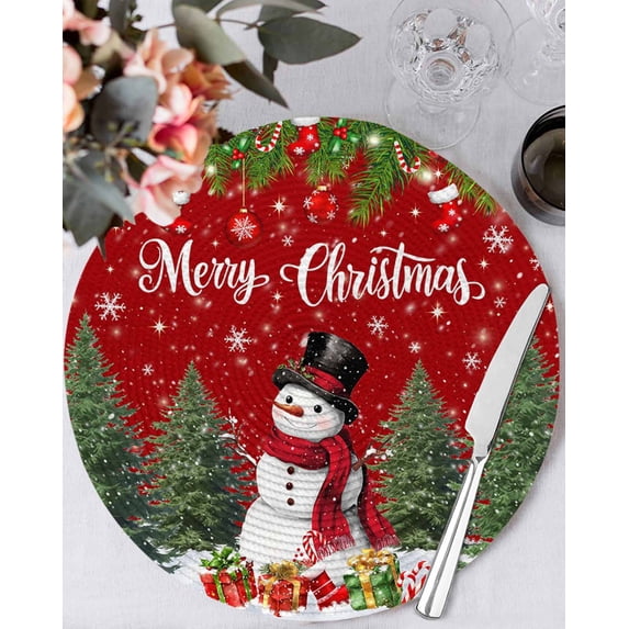 13 Inch Round Placemats Set of 4, Red Christmas Non Slip Heat Insulation PP Table Mats, Xmas Tree Ball Snowflake Winter Gifts Washable Place Mats for Kitchen Dining Party Table Decor