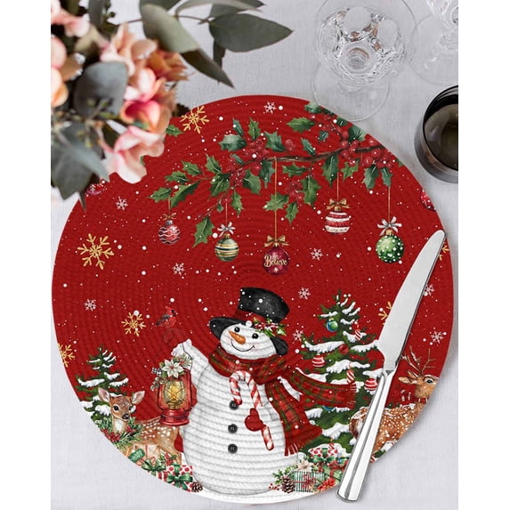 13 Inch Round Placemats Set of 4, Red Christmas Snowman Non Slip Heat Insulation PP Table Mats, Xmas Snowflake Elk Tree Balls Washable Place Mats for Kitchen Dining Party Table Decor