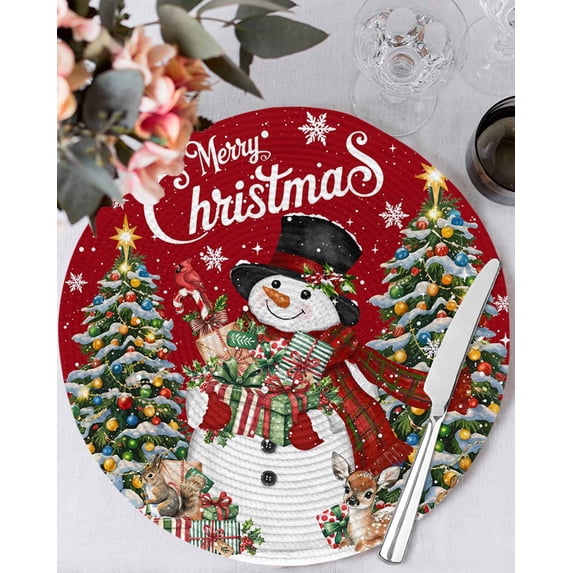 13 Inch Round Placemats Set of 4, Red Christmas Snowman Non Slip Heat Insulation PP Table Mats, Xmas Tree Snowflake Botanical Washable Place Mats for Kitchen Dining Party Table Decor