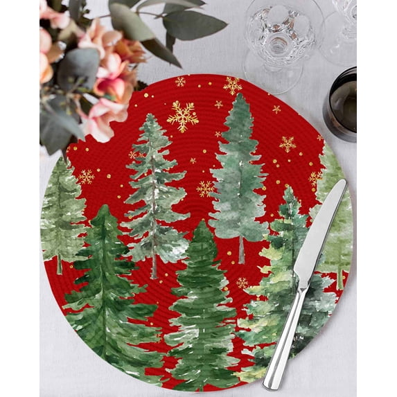 13 Inch Round Placemats Set of 4, Red Christmas Tree Non Slip Heat Insulation PP Table Mats, Winter Watercolor Gold Snowflakes Washable Place Mats for Kitchen Dining Party Table Decor