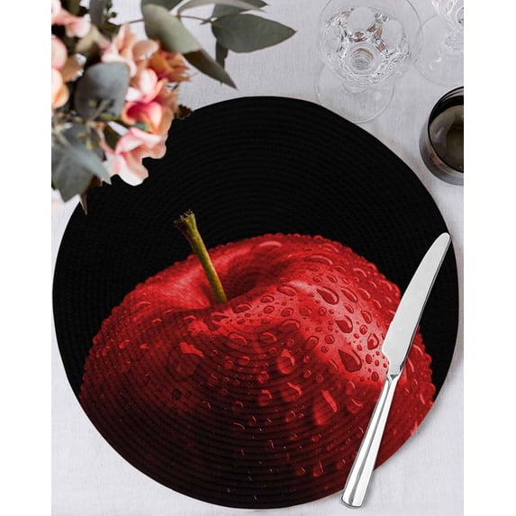 13 Inch Round Placemats Set of 4, Red Fruit Non Slip Heat Insulation PP Table Mats, Modern Minimalist Decor Black Background Washable Place Mats for Kitchen Dining Party Table Decor