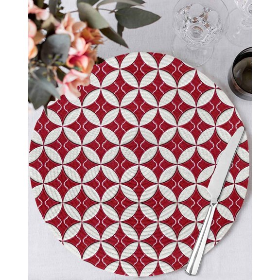 13 Inch Round Placemats Set of 4, Red Geometric Non Slip Heat Insulation PP Table Mats, Vintage Rhombus Circle Texture Washable Place Mats for Kitchen Dining Party Table Decor