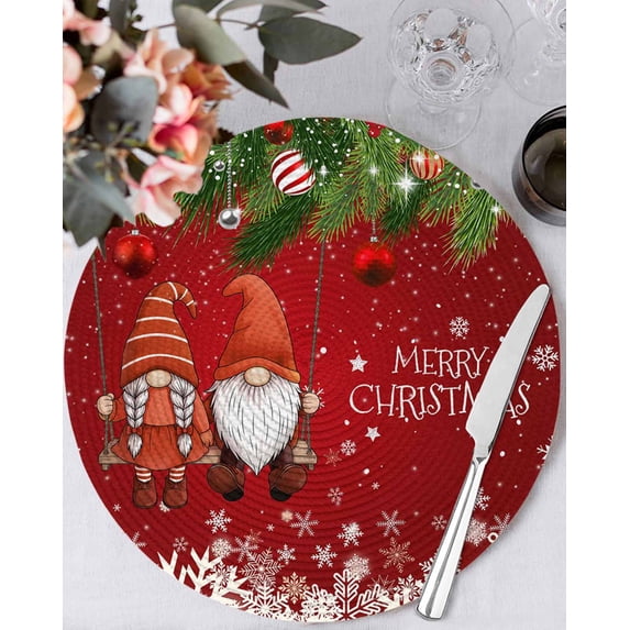 13 Inch Round Placemats Set of 4, Red Gnomes Christmas Non Slip Heat Insulation PP Table Mats, Xmas Weeping Balls Snowflake Washable Place Mats for Kitchen Dining Party Table Decor
