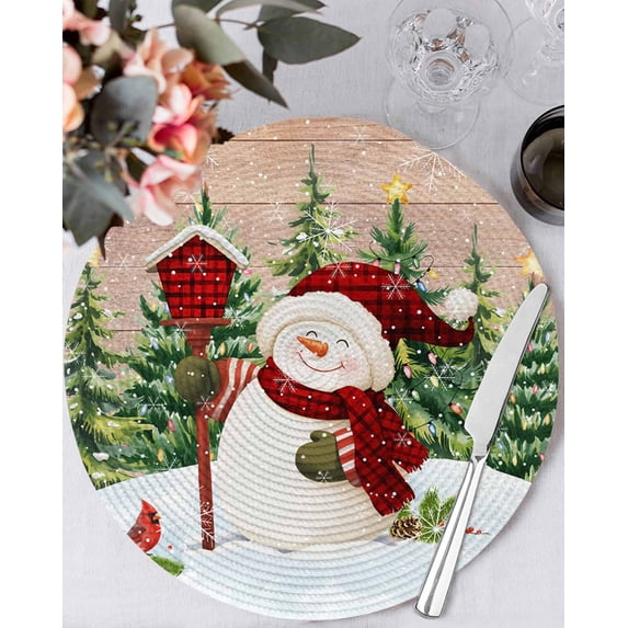 13 Inch Round Placemats Set of 4, Red Green Snowman Christmas Non Slip Heat Insulation PP Table Mats, Xmas Tree Snowflake Winter Wooden Washable Place Mats for Kitchen Dining Party Table Decor