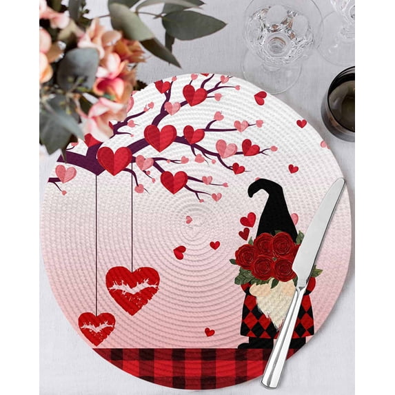 13 Inch Round Placemats Set of 4, Red Pink Gnomes Valentines Non Slip Heat Insulation PP Table Mats, Love Heart Tree Roses Plaid Washable Place Mats for Kitchen Dining Party Table Decor