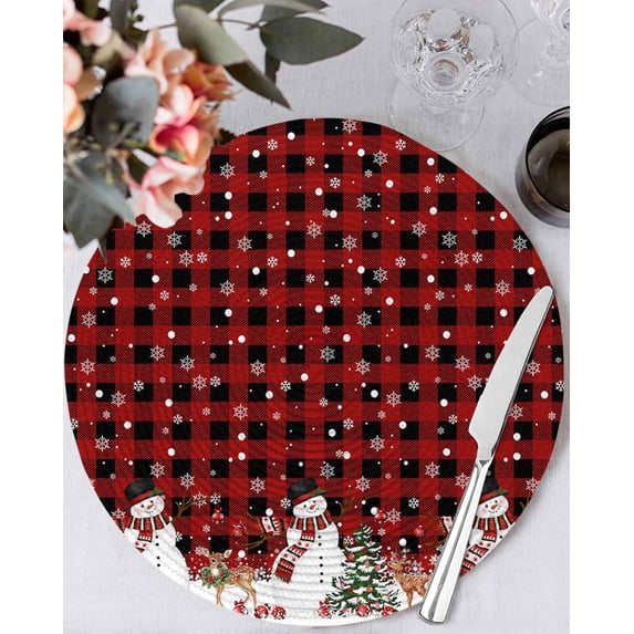 13 Inch Round Placemats Set of 4, Red Plaid Christmas Non Slip Heat Insulation PP Table Mats, Snowman Snowflake Xmas Tree Ball Elk Washable Place Mats for Kitchen Dining Party Table Decor