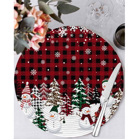 13 Inch Round Placemats Set of 4, Red Plaid Christmas Non Slip Heat Insulation PP Table Mats, Snowman Xmas Tree Winter Snowflake Washable Place Mats for Kitchen Dining Party Table Decor