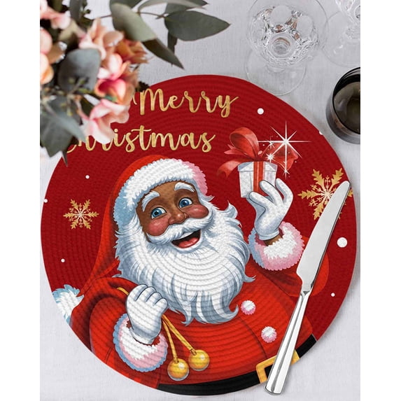 13 Inch Round Placemats Set of 4, Red Santa Christmas Non Slip Heat Insulation PP Table Mats, Gifts Xmas Snowflake Winter White Washable Place Mats for Kitchen Dining Party Table Decor