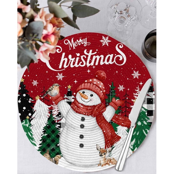 13 Inch Round Placemats Set of 4, Red Snowman Christmas Non Slip Heat Insulation PP Table Mats, Winter Xmas Tree Snowflake Washable Place Mats for Kitchen Dining Party Table Decor