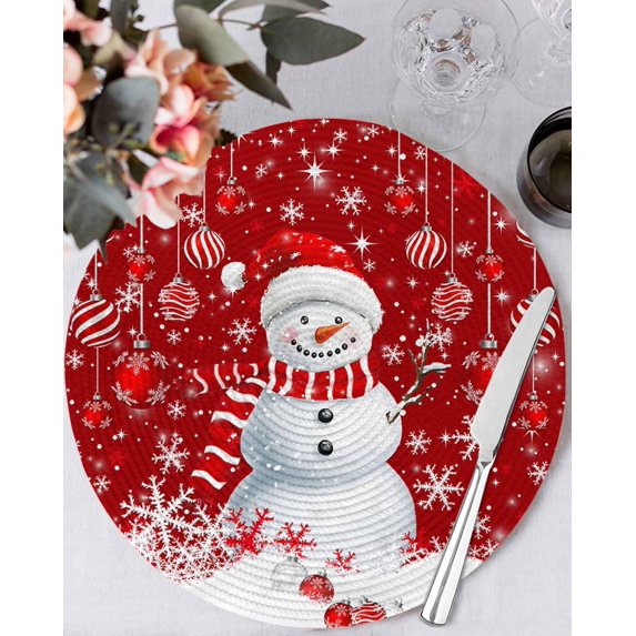 13 Inch Round Placemats Set of 4, Red Snowman Christmas Non Slip Heat Insulation PP Table Mats, Xmas Balls Snowflake Washable Place Mats for Kitchen Dining Party Table Decor