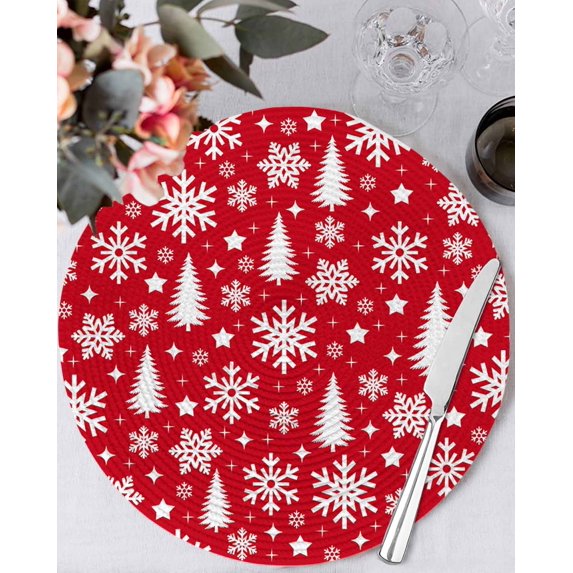 13 Inch Round Placemats Set of 4, Red White Christmas Non Slip Heat Insulation PP Table Mats, Xmas Tree Snowflake Winter Abstract Washable Place Mats for Kitchen Dining Party Table Decor