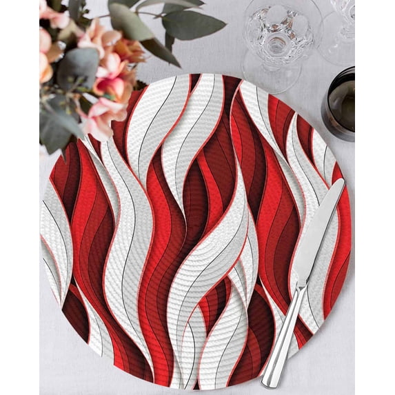 13 Inch Round Placemats Set of 4, Red White Moire Non Slip Heat Insulation PP Table Mats, Modern Abstract Art Washable Place Mats for Kitchen Dining Party Table Decor