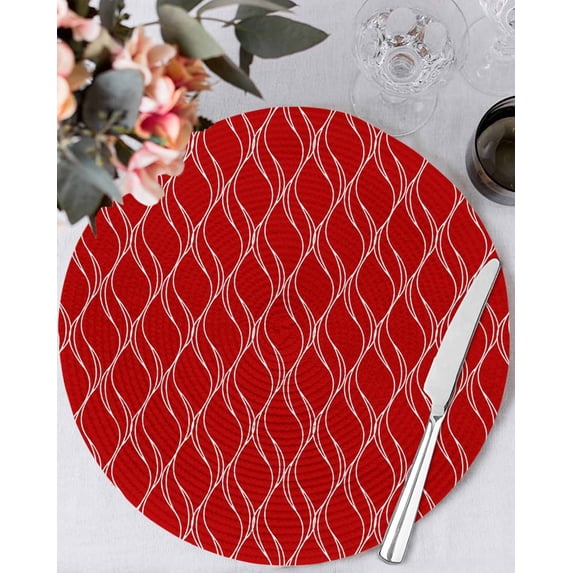 13 Inch Round Placemats Set of 4, Red White Stripes Non Slip Heat Insulation PP Table Mats, Simple Geometric Modern Monochrome Washable Place Mats for Kitchen Dining Party Table Decor