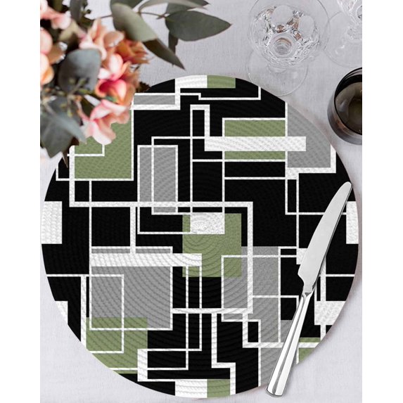 13 Inch Round Placemats Set of 4, Sage Green Black Geometric Non Slip Heat Insulation PP Table Mats, Modern Abstract Art Block Washable Place Mats for Kitchen Dining Party Table Decor