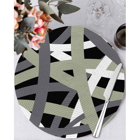 13 Inch Round Placemats Set of 4, Sage Green Black Geometric Non Slip Heat Insulation PP Table Mats, Modern Art Abstract Grey Line Washable Place Mats for Kitchen Dining Party Table Decor
