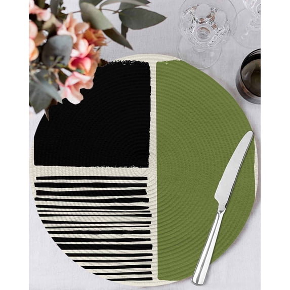 13 Inch Round Placemats Set of 4, Sage Green Black Non Slip Heat Insulation PP Table Mats, Farmhouse Striped Modern Abstract Art Washable Place Mats for Kitchen Dining Party Table Decor