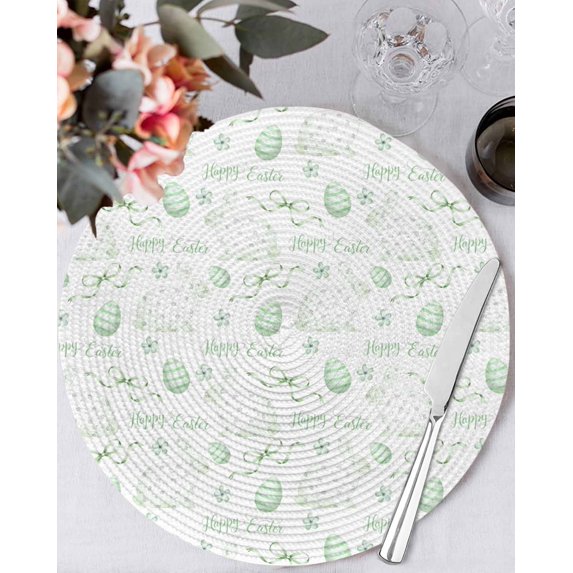 13 Inch Round Placemats Set of 4, Sage Green Easter Non Slip Heat Insulation PP Table Mats, Watercolor Spring Bunny Eggs Washable Place Mats for Kitchen Dining Party Table Decor