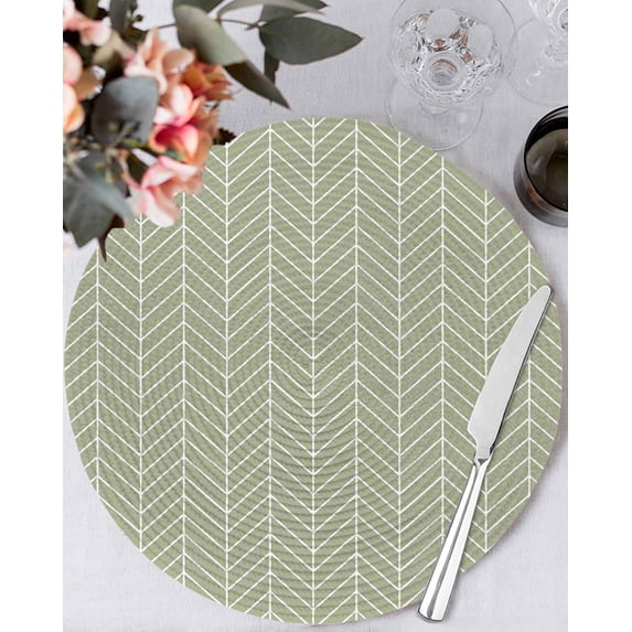 13 Inch Round Placemats Set of 4, Sage Green Geometric Non Slip Heat Insulation PP Table Mats, Minimalism Solid Color Striped Lines Washable Place Mats for Kitchen Dining Party Table Decor
