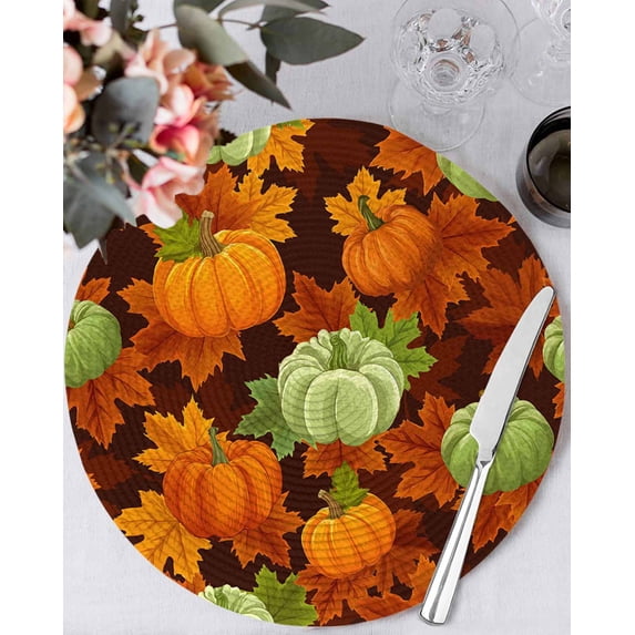 13 Inch Round Placemats Set of 4, Sage Green Pumpkin Fall Non Slip Heat Insulation PP Table Mats, Thanksgiving Maple Leaves Farmhouse Washable Place Mats for Kitchen Dining Party Table Decor