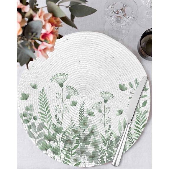 13 Inch Round Placemats Set of 4, Sage Green Spring Floral Non Slip Heat Insulation PP Table Mats, Watercolor Elegant Pastoral Flowers Washable Place Mats for Kitchen Dining Party Table Decor