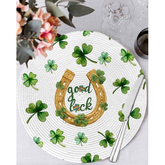 13 Inch Round Placemats Set of 4, Saint Patrick's Day Non Slip Heat Insulation PP Table Mats, Horseshoe Green Botanical Clovers Leaf Washable Place Mats for Kitchen Dining Party Table Decor