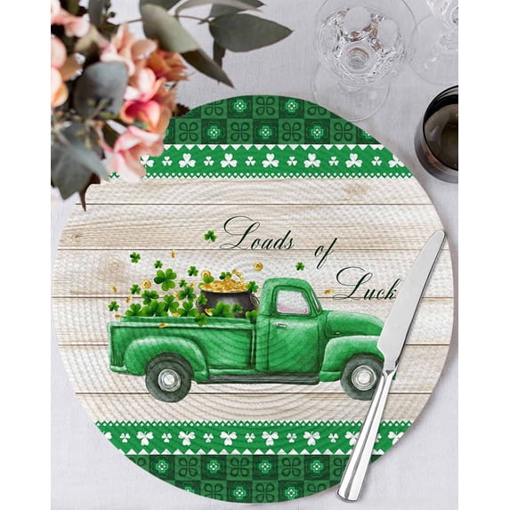 13 Inch Round Placemats Set of 4, Saint Patrick's Day Non Slip Heat Insulation PP Table Mats, Luck Leaves Car Grey Wooden Plaid Washable Place Mats for Kitchen Dining Party Table Decor