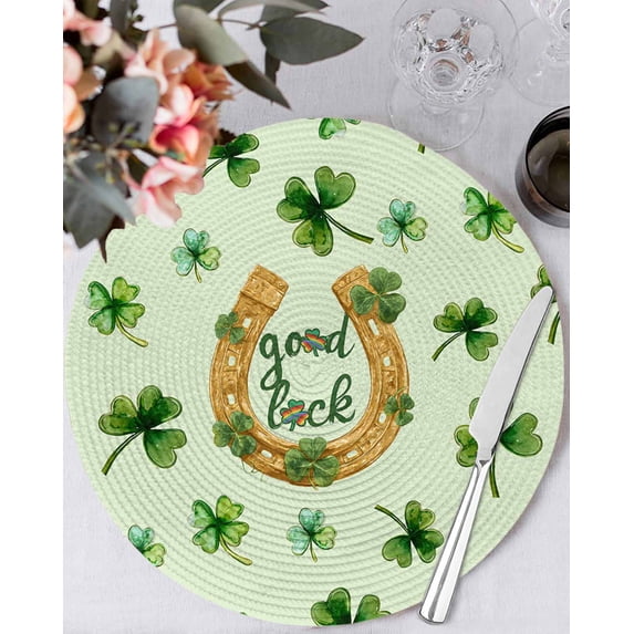 13 Inch Round Placemats Set of 4, Saint Patrick's Day Non Slip Heat Insulation PP Table Mats, Spring Horseshoe Green Clovers Leaves Washable Place Mats for Kitchen Dining Party Table Decor