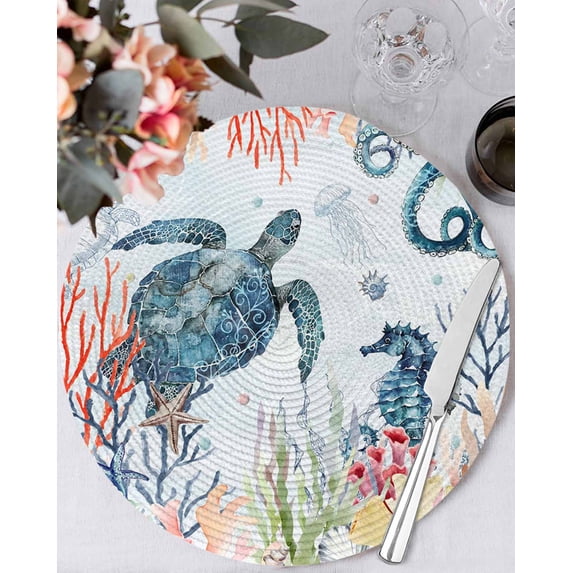 13 Inch Round Placemats Set of 4, Sea Turtles Non Slip Heat Insulation PP Table Mats, Oceans Octopus Starfish Seahorse Coral Washable Place Mats for Kitchen Dining Party Table Decor