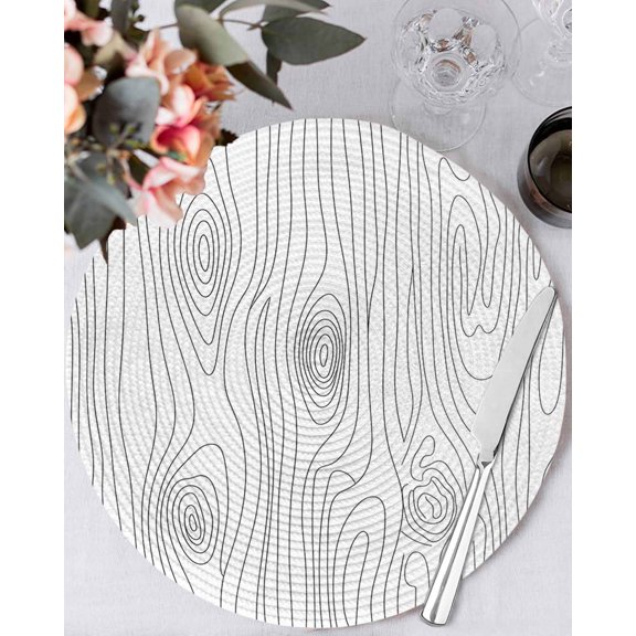 13 Inch Round Placemats Set of 4, Simple Line Wooden Texture Non Slip Heat Insulation PP Table Mats, Modern Striped Washable Place Mats for Kitchen Dining Party Table Decor