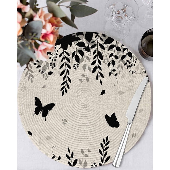 13 Inch Round Placemats Set of 4, Spring Botanical Non Slip Heat Insulation PP Table Mats, Black Eucalyptus Butterfly Rustic Washable Place Mats for Kitchen Dining Party Table Decor