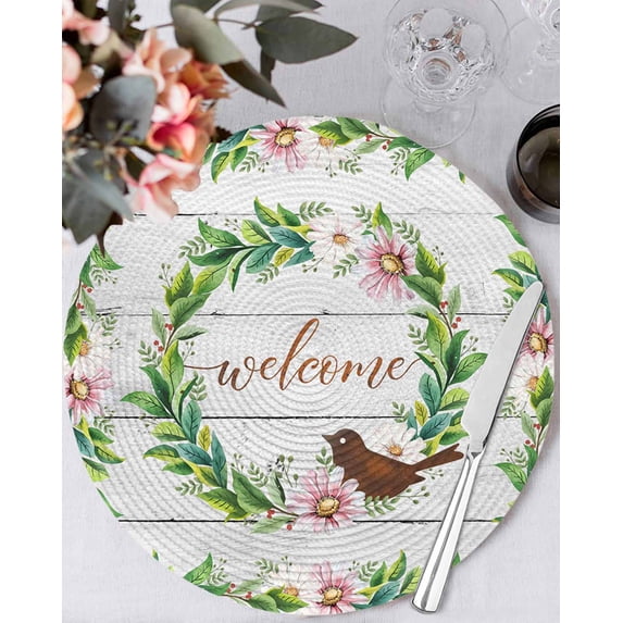 13 Inch Round Placemats Set of 4, Spring Botanical Non Slip Heat Insulation PP Table Mats, Garden Birds Floral Leaves Gray Woodn Washable Place Mats for Kitchen Dining Party Table Decor