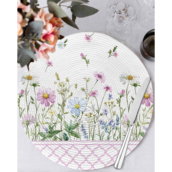 13 Inch Round Placemats Set of 4, Spring Daisy Non Slip Heat Insulation PP Table Mats, Pink Moroccan White Wildflowers Country Plants Washable Place Mats for Kitchen Dining Party Table Decor