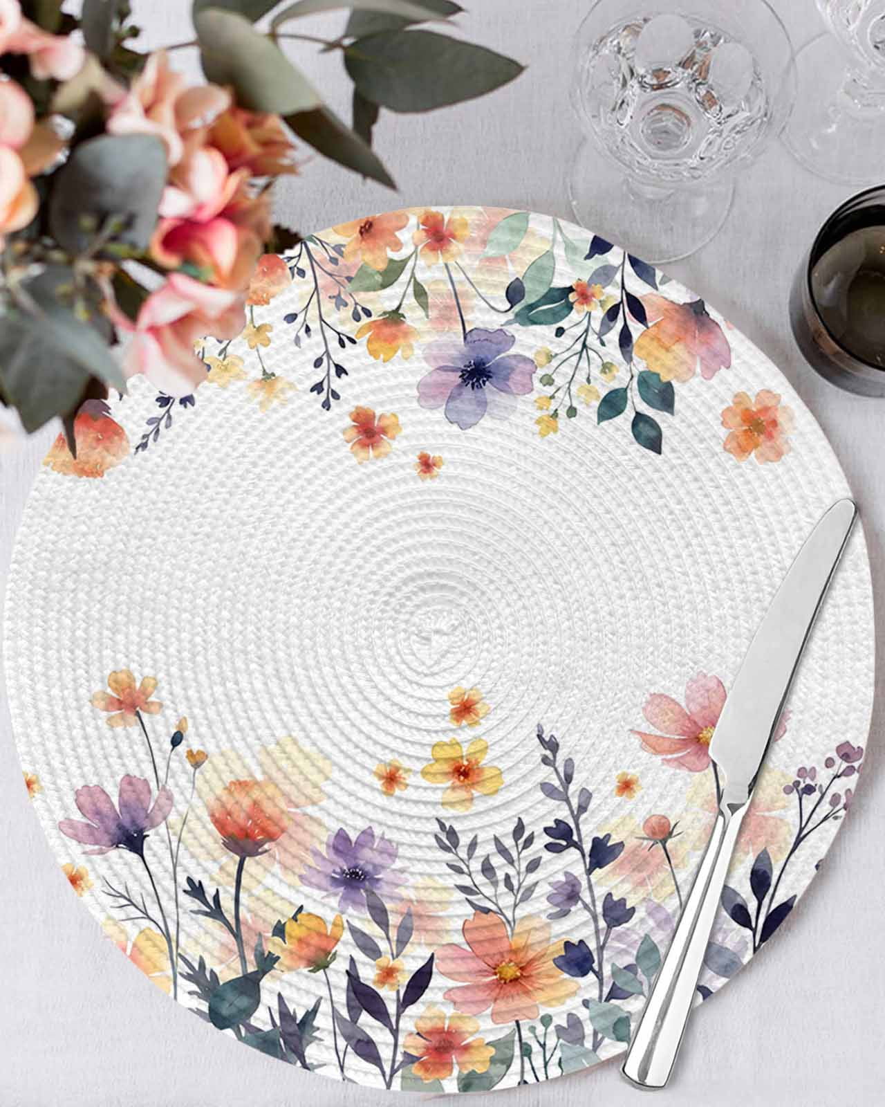 13 Inch Round Placemats Set of 4, Spring Floral Non Slip Heat ...