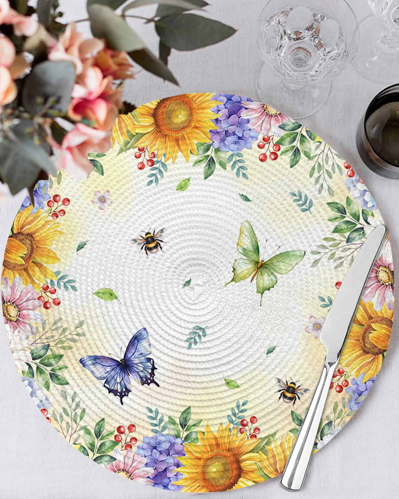 13 Inch Round Placemats Set of 4, Spring Floral Non Slip Heat ...