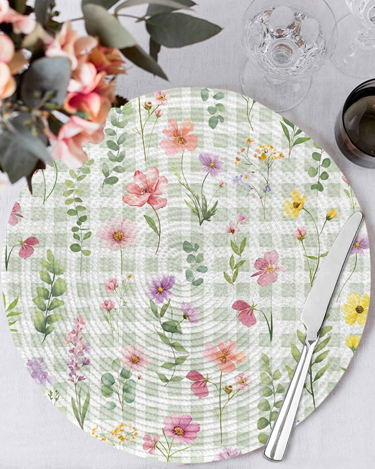13 Inch Round Placemats Set of 4, Spring Floral Non Slip Heat Insulation PP Table Mats, Pink Flowers Green Plaid Pastoral Washable Place Mats for Kitchen Dining Party Table Decor
