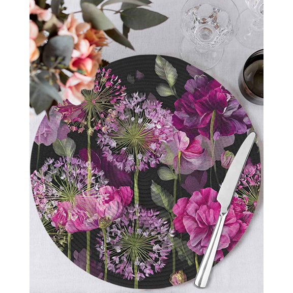 13 Inch Round Placemats Set of 4, Spring Floral Non Slip Heat Insulation PP Table Mats, Pink Purple Lily Dandelion Leaves Botanical Washable Place Mats for Kitchen Dining Party Table Decor