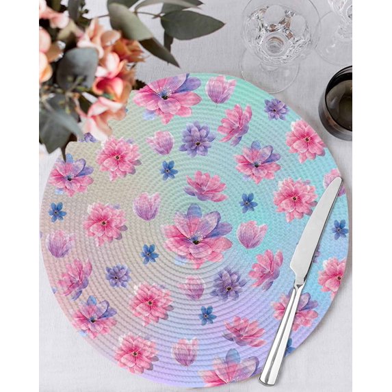 13 Inch Round Placemats Set of 4, Spring Floral Non Slip Heat Insulation PP Table Mats, Purple Pink Blue Flower Summer Botanical Washable Place Mats for Kitchen Dining Party Table Decor