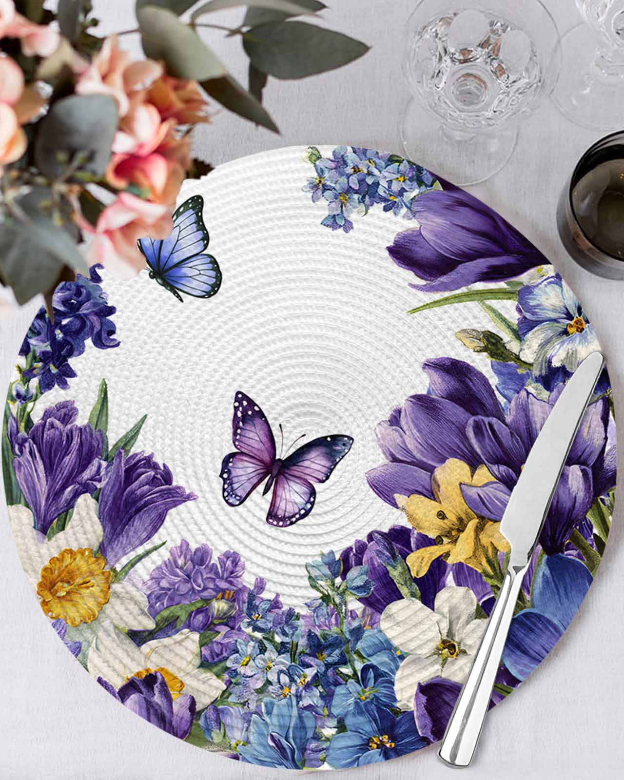 13 Inch Round Placemats Set of 4, Spring Floral Non Slip Heat ...