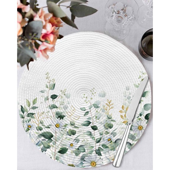 13 Inch Round Placemats Set of 4, Spring Floral Non Slip Heat Insulation PP Table Mats, White Daisy Watercolor Leaves Pastoral Washable Place Mats for Kitchen Dining Party Table Decor